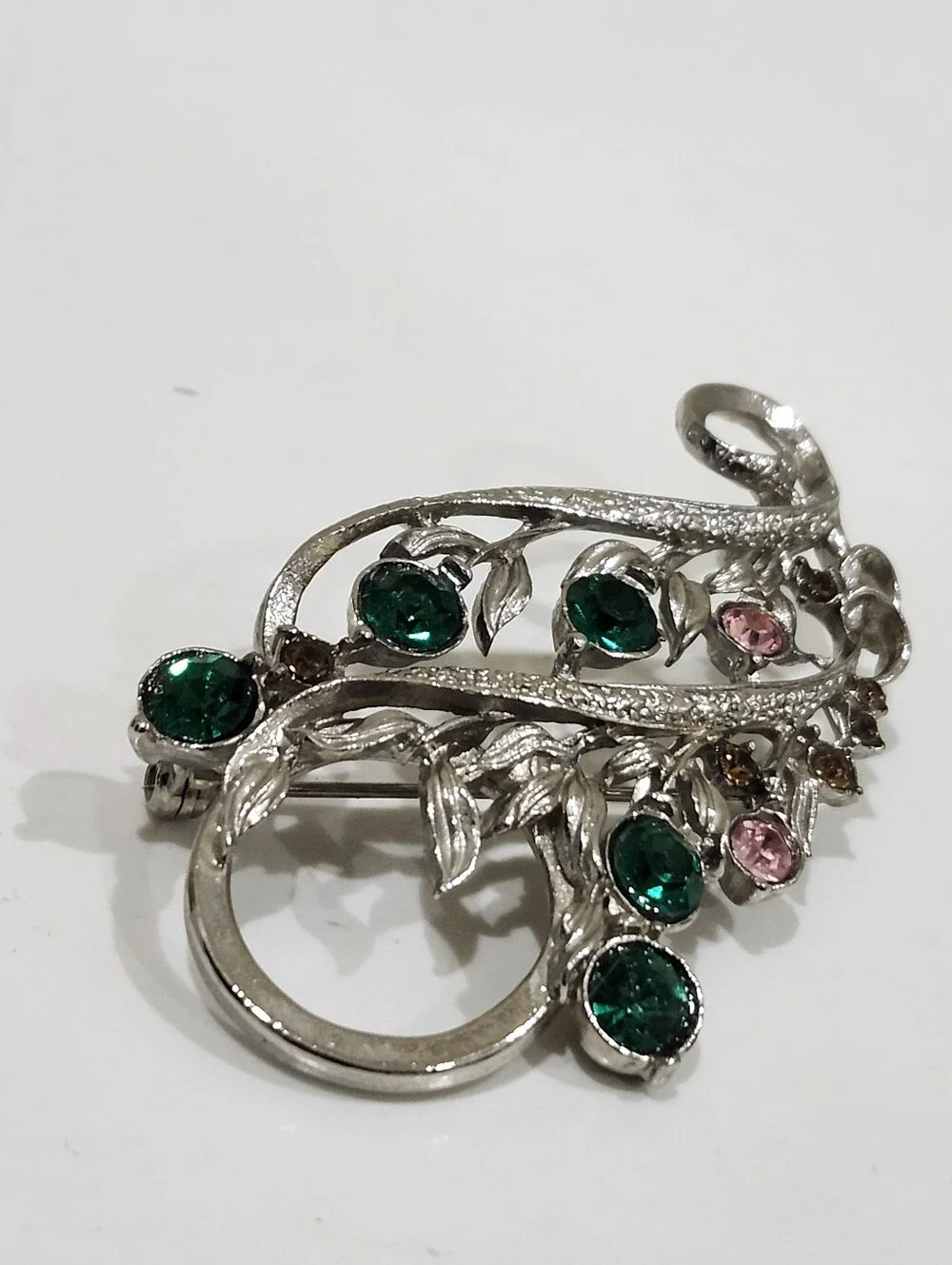 Vintage Flower Bouquet Brooch & Pendant Combo Silver Tone With Rhinestones MCM